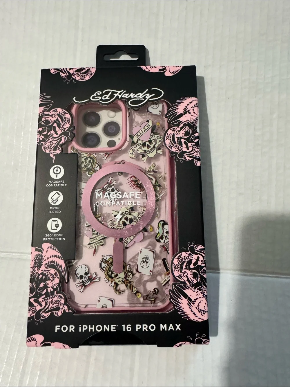 Ed Hardy Pink Skull Pattern MagSafe Case for iPhone 16 Pro Max BNWT